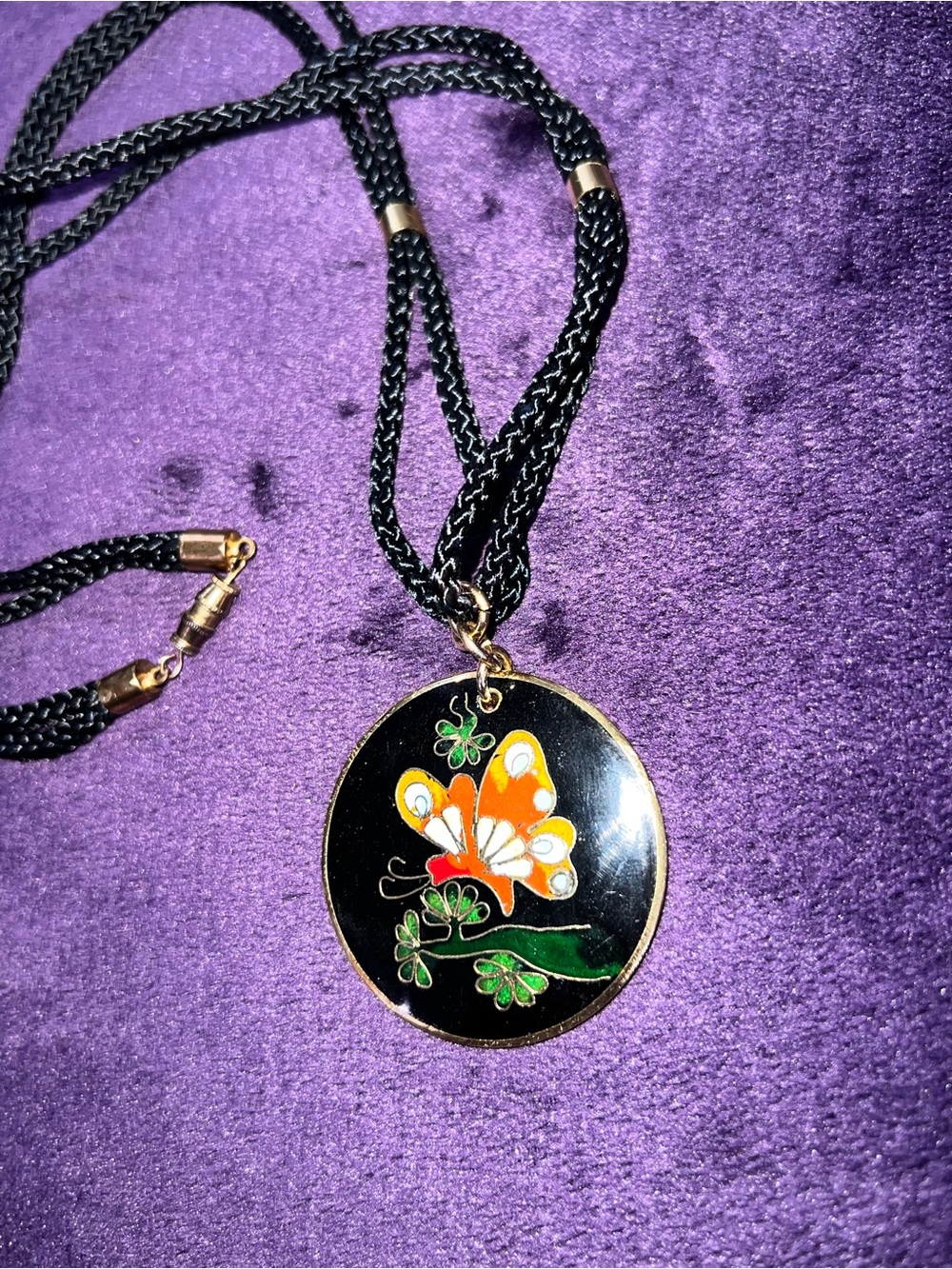 Black Enamel Butterfly Pendant Necklace with Orange & Green Accents